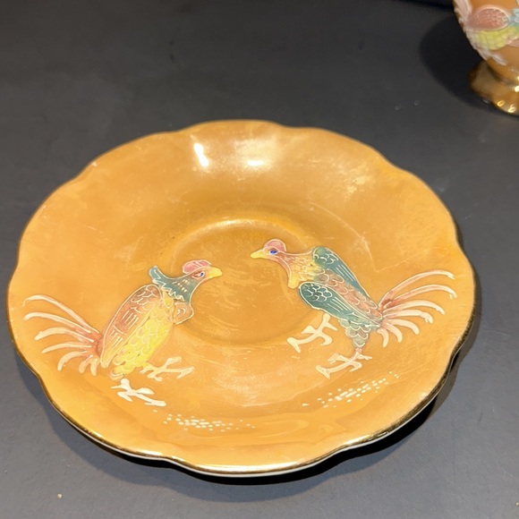 VTG SHAFFORD HAND DECORATED JAPAN MORIAGE 3D ROOSTER CUP & SAUCER LUSTER GOLD - Picture 2 of 5